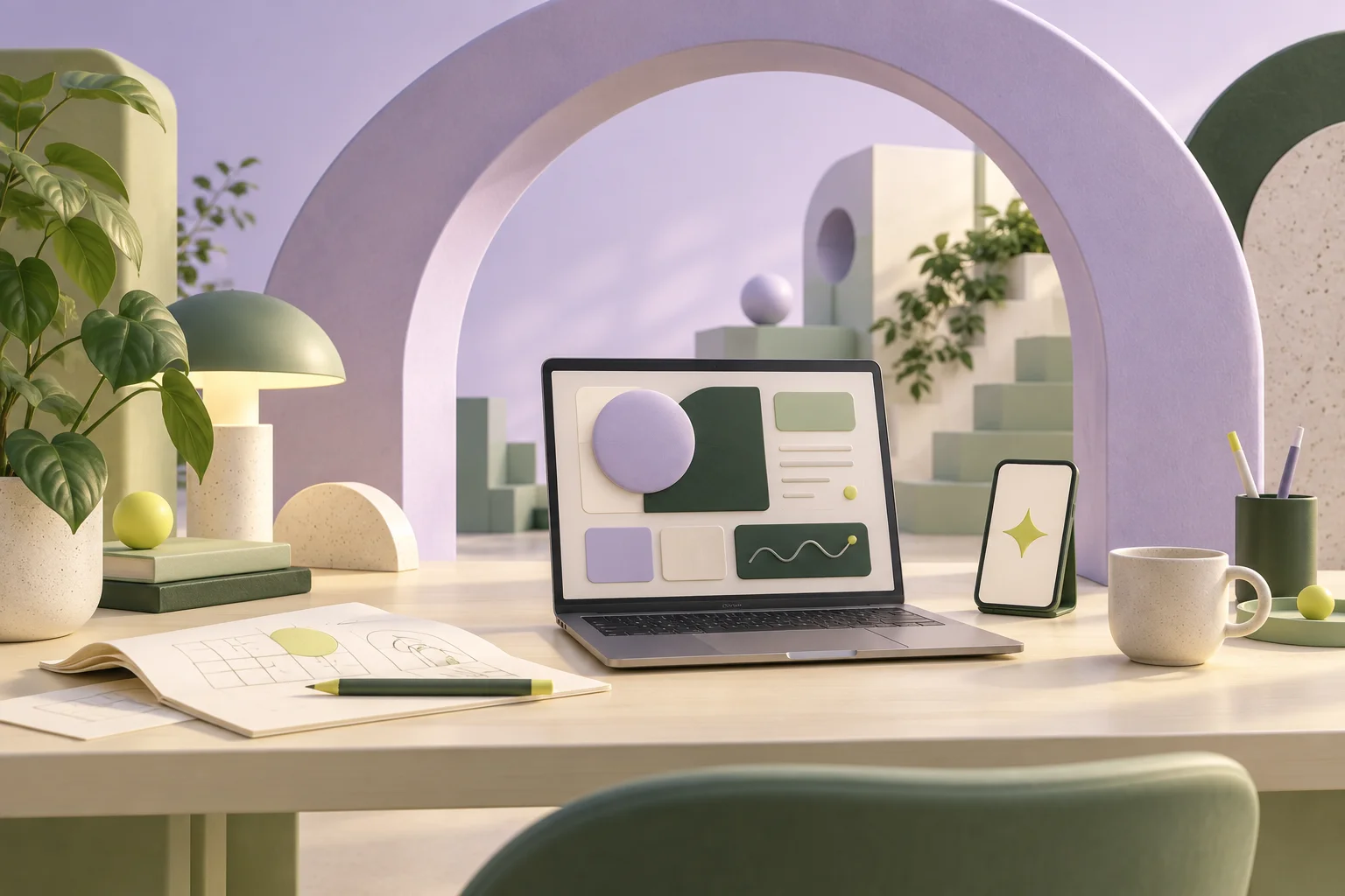 Conceptual illustration of a laptop, app sketch, and phone on a thoughtfully arranged builder’s desk