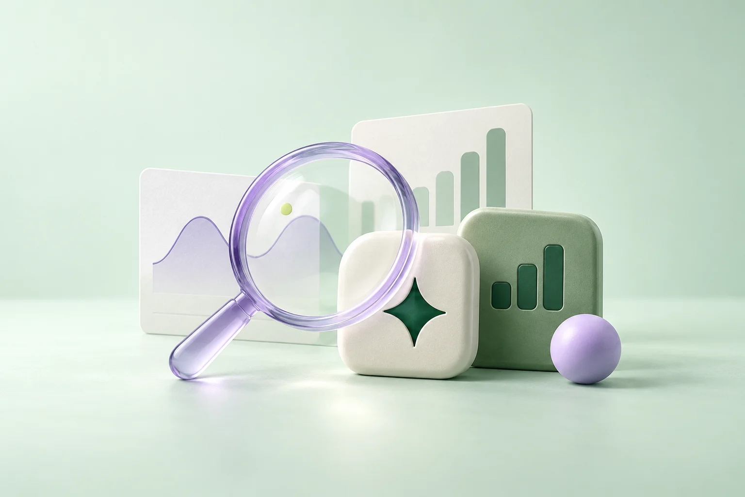 A lavender magnifying glass reveals app tiles and charts in a mint research landscape
