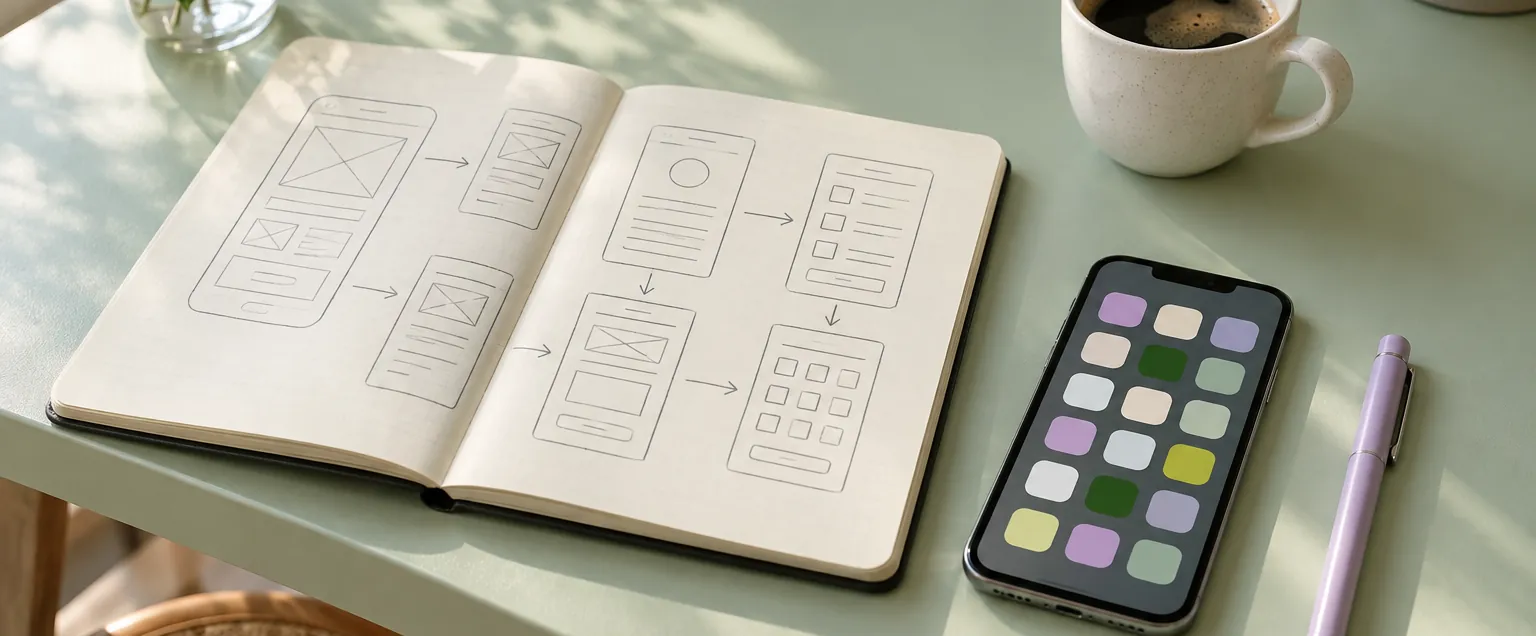 An open notebook of hand-drawn app screen sketches beside a phone showing a grid of pastel app tiles and a cup of coffee on a pale mint desk