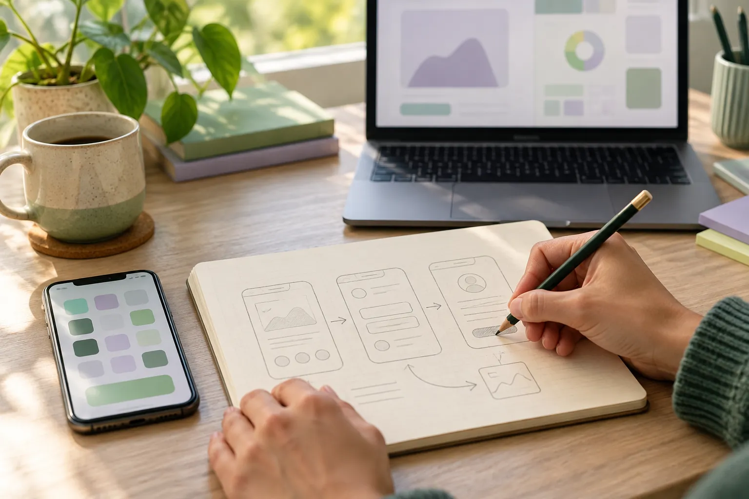 Hands sketching app screen layouts in a notebook beside an open laptop and a phone showing app tiles